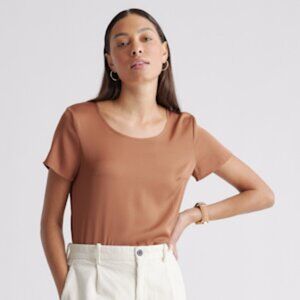 Quince Washable Mulberry Stretch Silk T-shirt in Copper Brown | NWOT | Small